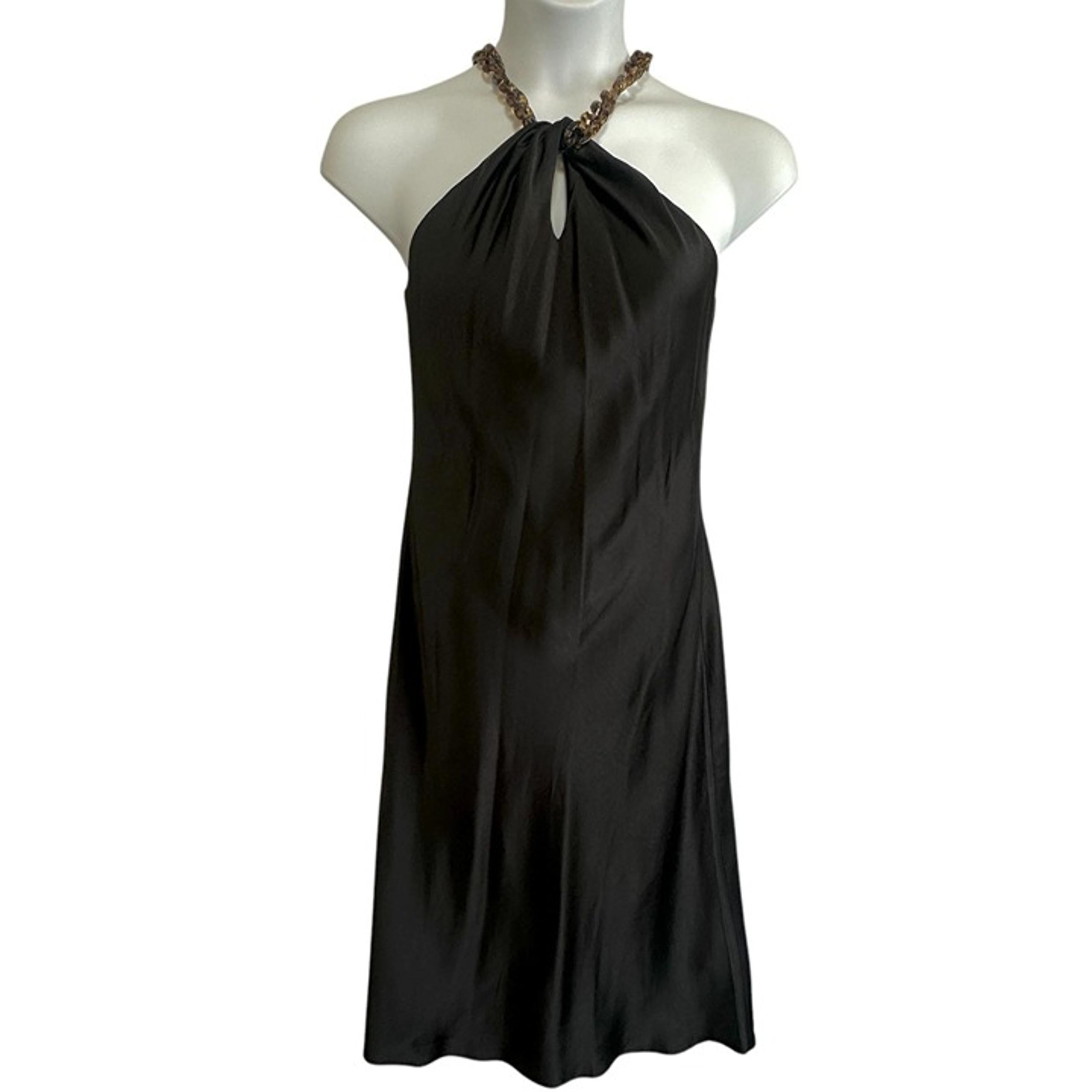 Jason Wu Black Silky Satin Tortoiseshell Chain Strap Halter Neck Midi Dress Sz M
