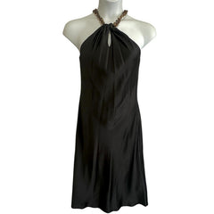 Jason Wu Black Silky Satin Tortoiseshell Chain Strap Halter Neck Midi Dress Sz M