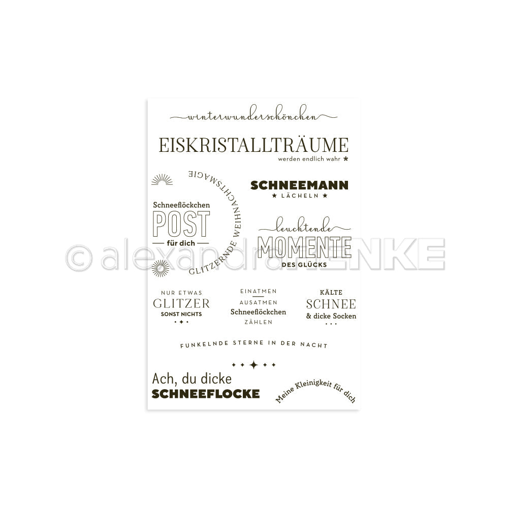 Winterliche, schwarze deutsche Texte wie "Eiskristallträume" in verschiedenen Schriftarten auf Weiß von Alexandra Renke. Ideal für die Kartengestaltung mit Clear Stamp oder Photopolymer Stempel Techniken.