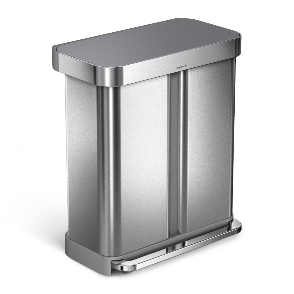 simplehuman Rectangular 58L Dual Compartment Step Trash Can with Plastic Lid Brushed Stainless Steel (LOCAL PICKUP ONLY)