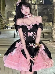 Elegant Gothic Lolita Dresses Lace Up Bows Color Black Pink Lolita JSK