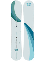 Pair of Burton snowboards: light base with teal accents and butterfly logo