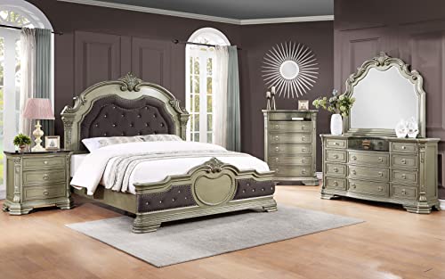Liveasy Furniture Bedroom Set Queen Furniture Solid Wood Olive Finish 5-Piece Bedroom Set Include Velvet Diamond Headboard, Footboard, Rail, Dresser, Mirror, Chest, Nightstand (Queen Set)
