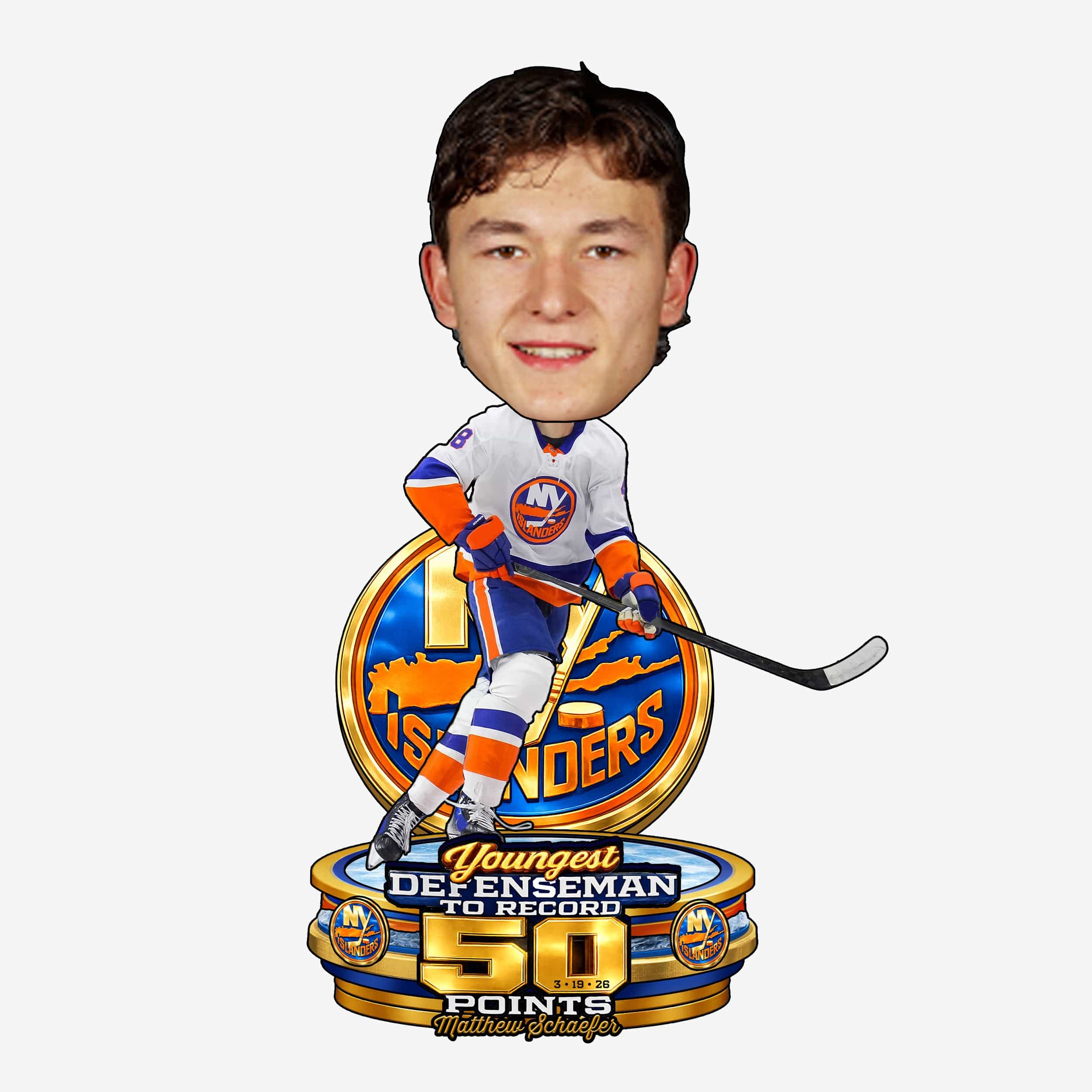 Matthew Schaefer New York Islanders Youngest Defenseman to 50 Points Bobblehead FOCO - FOCO.com
