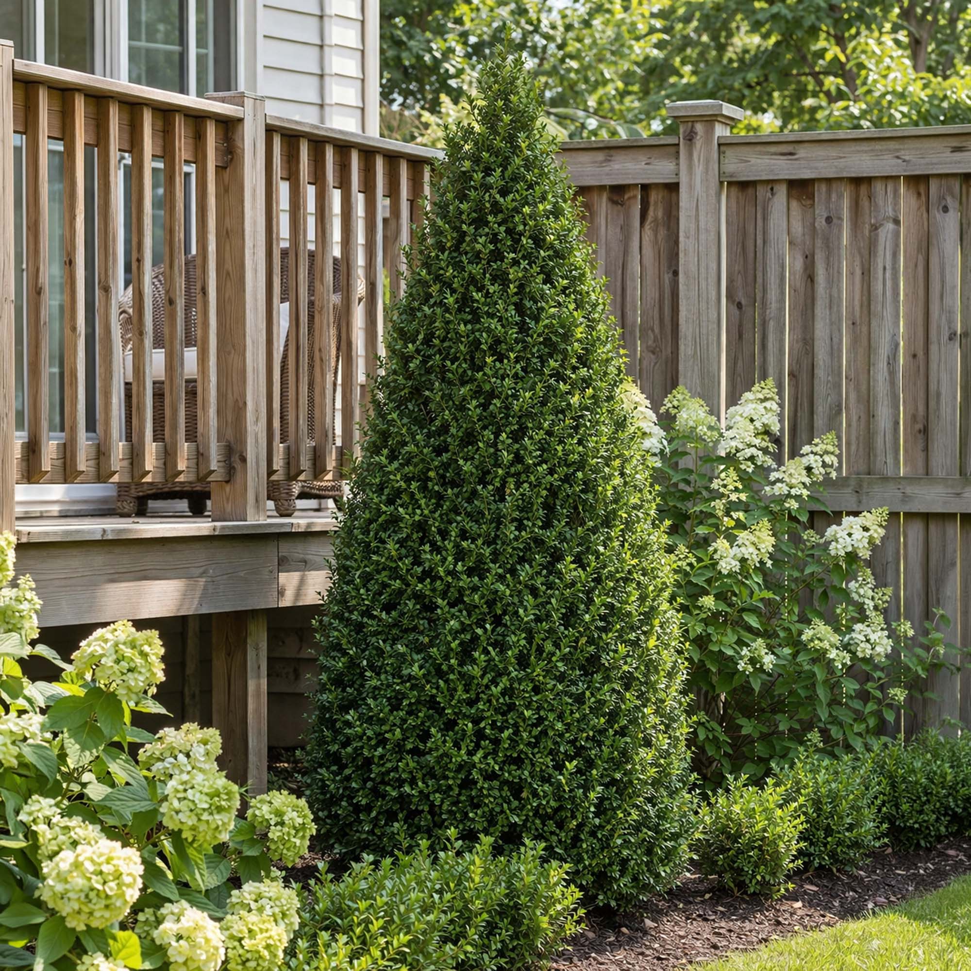Tall green Ilex crenata Steeds Japanese Holly in a garden with a wooden deck and fence in the background