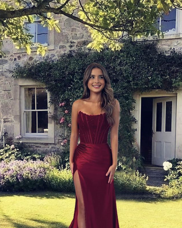 tight burgundy dress windsor prom silk Mermaid Burgundy Lace Strapless Split Satin Dress – Lisposa Size:17.5