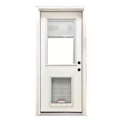 Steves & Sons 32 in. x 80 in. Reliant Series Clear Mini-Blind LHIS White Primed Fiberglass Prehung Front Door with XL Pet Door
