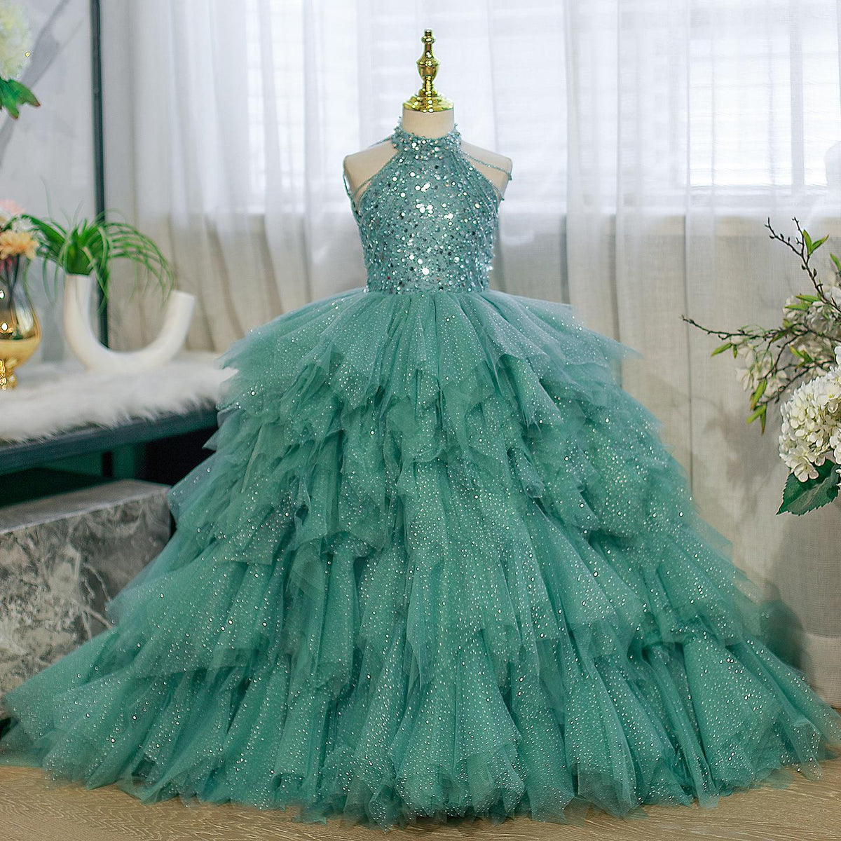 sparkling halter peacock blue kid girls princess ball gowns puffy kid birthday party celebration luxury gowns kid couture