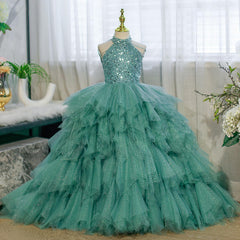 sparkling halter peacock blue kid girls princess ball gowns puffy kid birthday party celebration luxury gowns kid couture