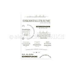 Winterliche, schwarze deutsche Texte wie "Eiskristallträume" in verschiedenen Schriftarten auf Weiß von Alexandra Renke. Ideal für die Kartengestaltung mit Clear Stamp oder Photopolymer Stempel Techniken.